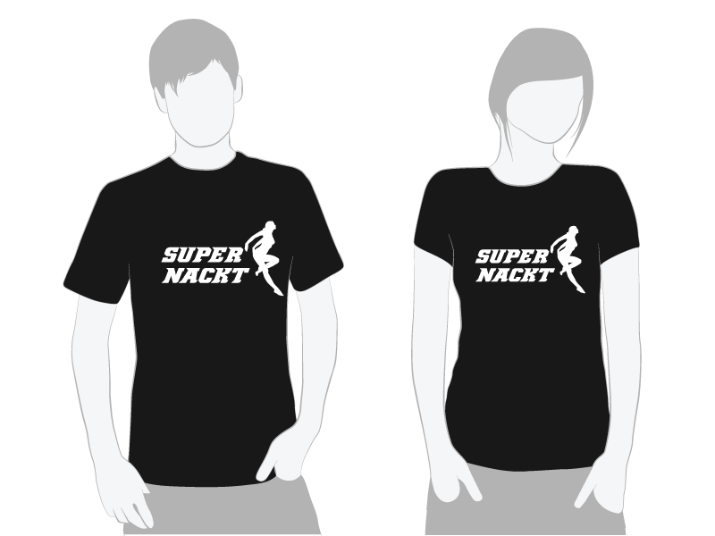 T-Shirt: Aufschrift 'Supernackt' zweizeilig mit stilisierter Nackter Frau